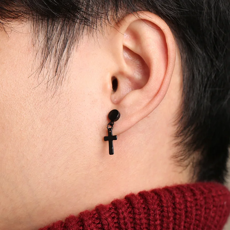 

Fashion Jewelry Stainless Steel Dangle Cross Earrings Men, Silver , black , gold