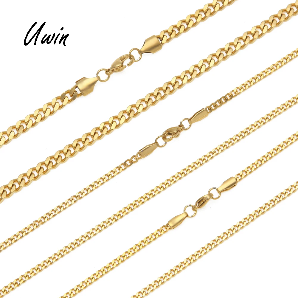 

High Quality Stainless Steel Cuban Link Chain 22K Gold Plated Miami Chain Rappers Man Women Necklace, Gold, silvery