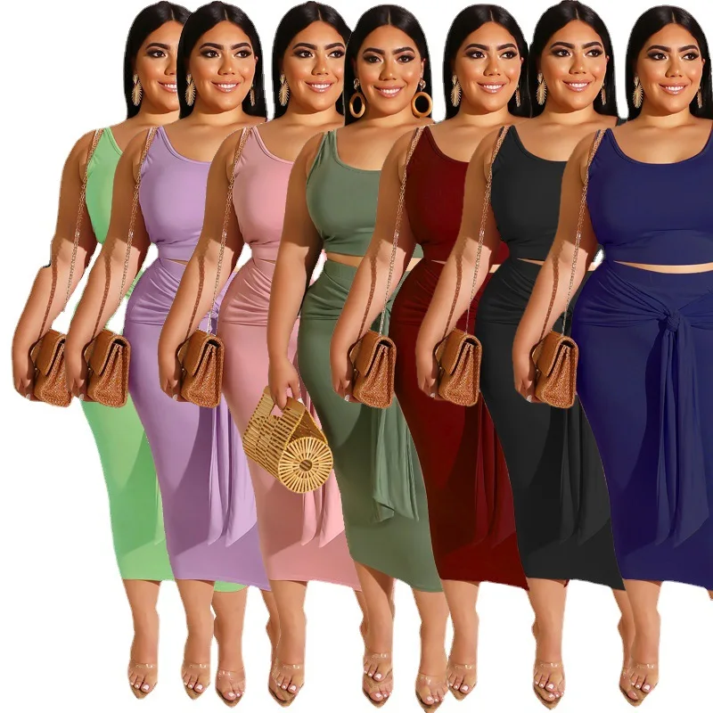

O5110 - Casual Fashion Strap Sleeveless Solid Plus Size Crop Top And Skirt Women Two Piece Outfits
