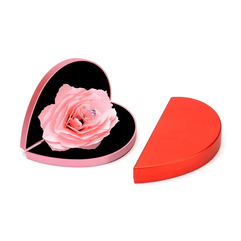 

High-Grade Red Rose Ring Gift Heart Box Plastic Trendy Velvet Favor Box For Rings Shenzhen Jewelry Factory Wholesale Price, Red/pink