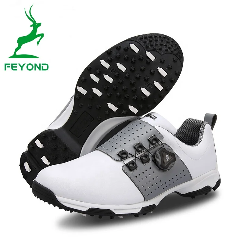 

Microfiber Leather Golf Shoes Non-slip Rotation Shoelace Golf Shoes For Men, White with khaki stripes or customized of golf shoes