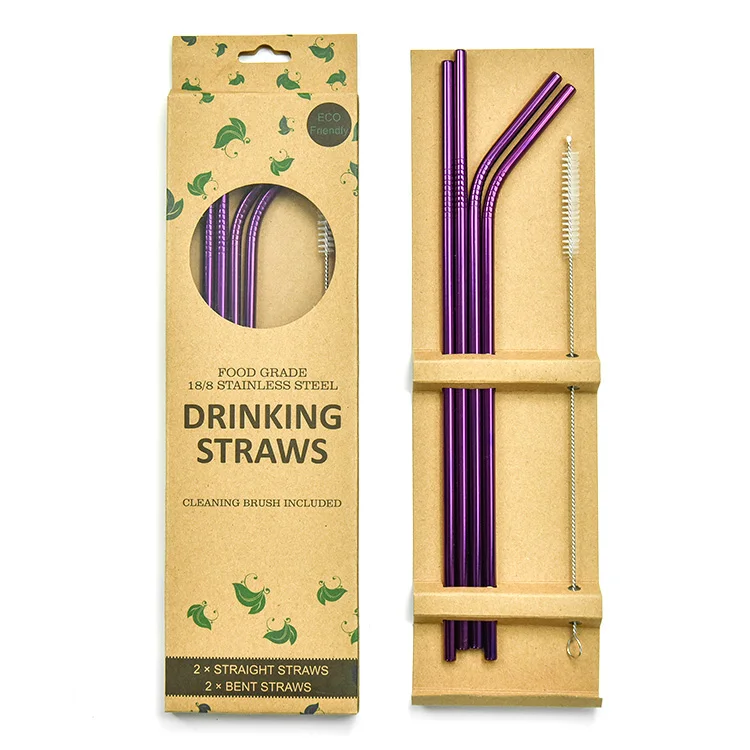 

Amazon Eco Friendly Products Gift Box Purple Printed Metal Straw With Paper Box Smoothie Straw Set, Customized