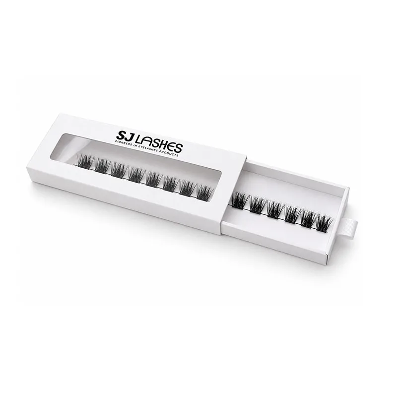 White slide out lash box with a window in the sleeve, showing one row of eight lash clusters on a white paper tray - single row lash packaging
