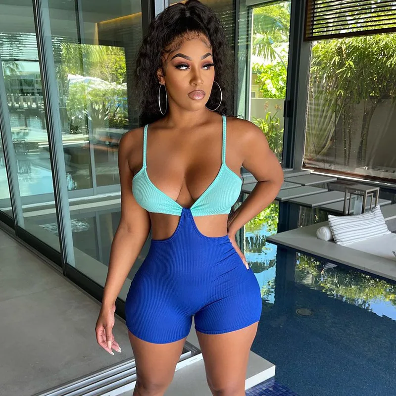 

M6922 - women sexy fashion sleeveless patchwork knit v-vest backless slip rompers