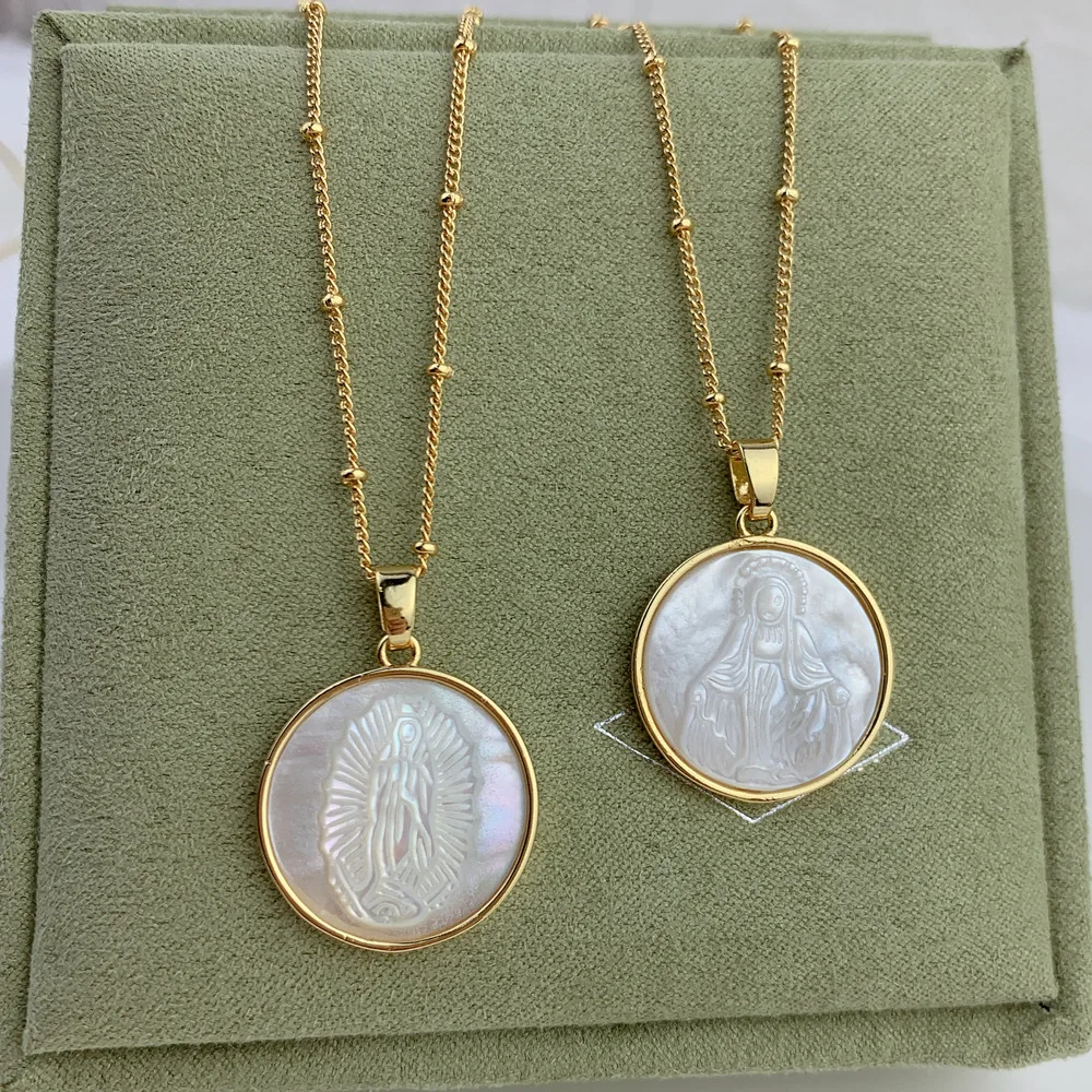 

Natural Holy Spirit Grace For Women San Benito & Thinker Angel Real Mother Of Pearl Necklace 18K gold Plated for Gift, Gold, silver