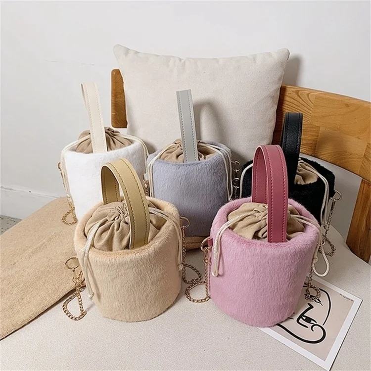 

New Winter Round 5 Colors Handle Totes Bag Designer Ladies Shoulder Bucket Bag Women Plush Fur Handbags, Khaki, black,white, gray, pink