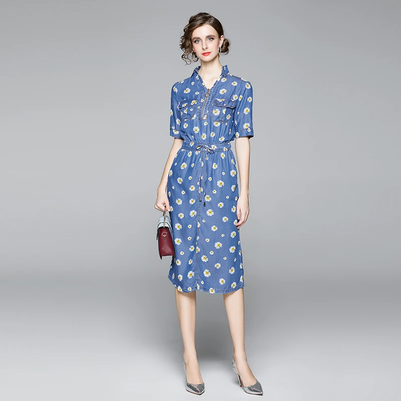 

woman fashion sexy clothes summer new style ladies print dress casual small daisy women's mid-length denim dress
