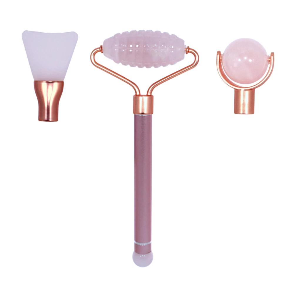 

2020 hot rose quartz jade roller face 3 in 1 magnetic facial silicone mask applicator brush for beauty tools brush, Rose quartz , green aventurine