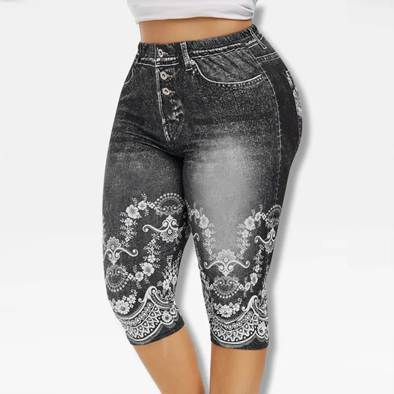 

Women 3D Denim Print Leggings Large Size Fashion Slim Elastic Trousers Cropped Pants Fashion Slim Pants, Black