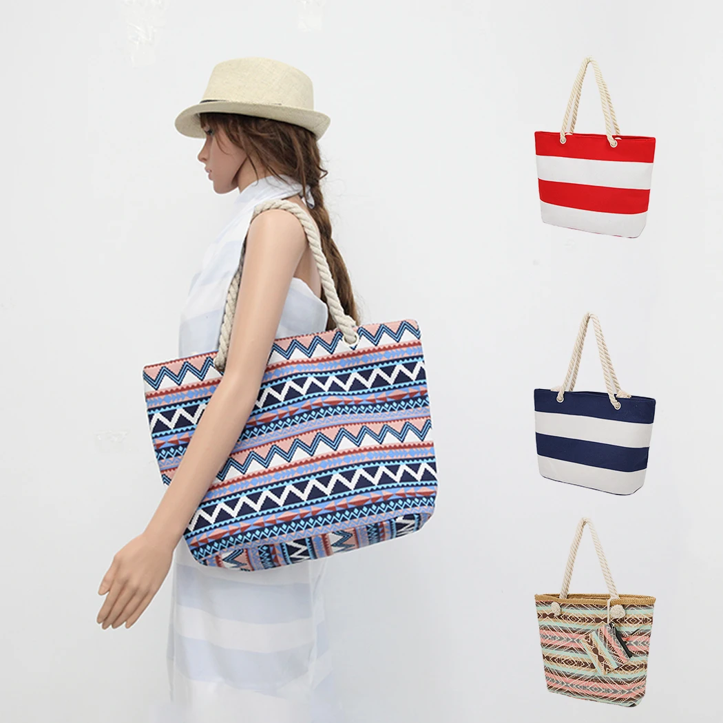 

Wholesale custom thread printing cotton canvas beach shopping summer shoulder bag zipper woman bags, Customized