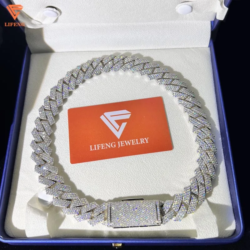 

Lifeng Jewelry 18mm 3 rows Moissanite Cuban Chain Ice Silver Diamond Hiphop Men Cuban Link Chain Necklace