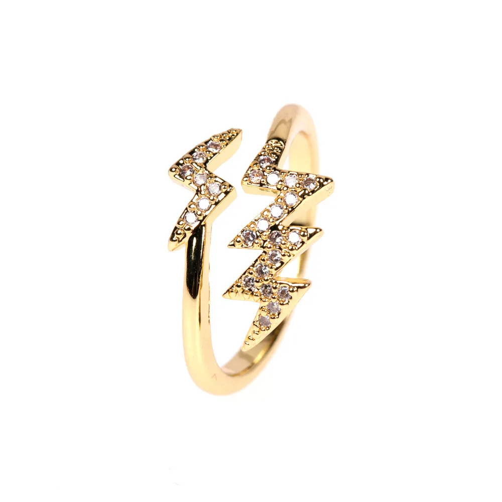 

Ins Style Personality Gold Plated CZ Zircon Lightning Cuff Ring Adjustable Gold Lightning Zircon Ring
