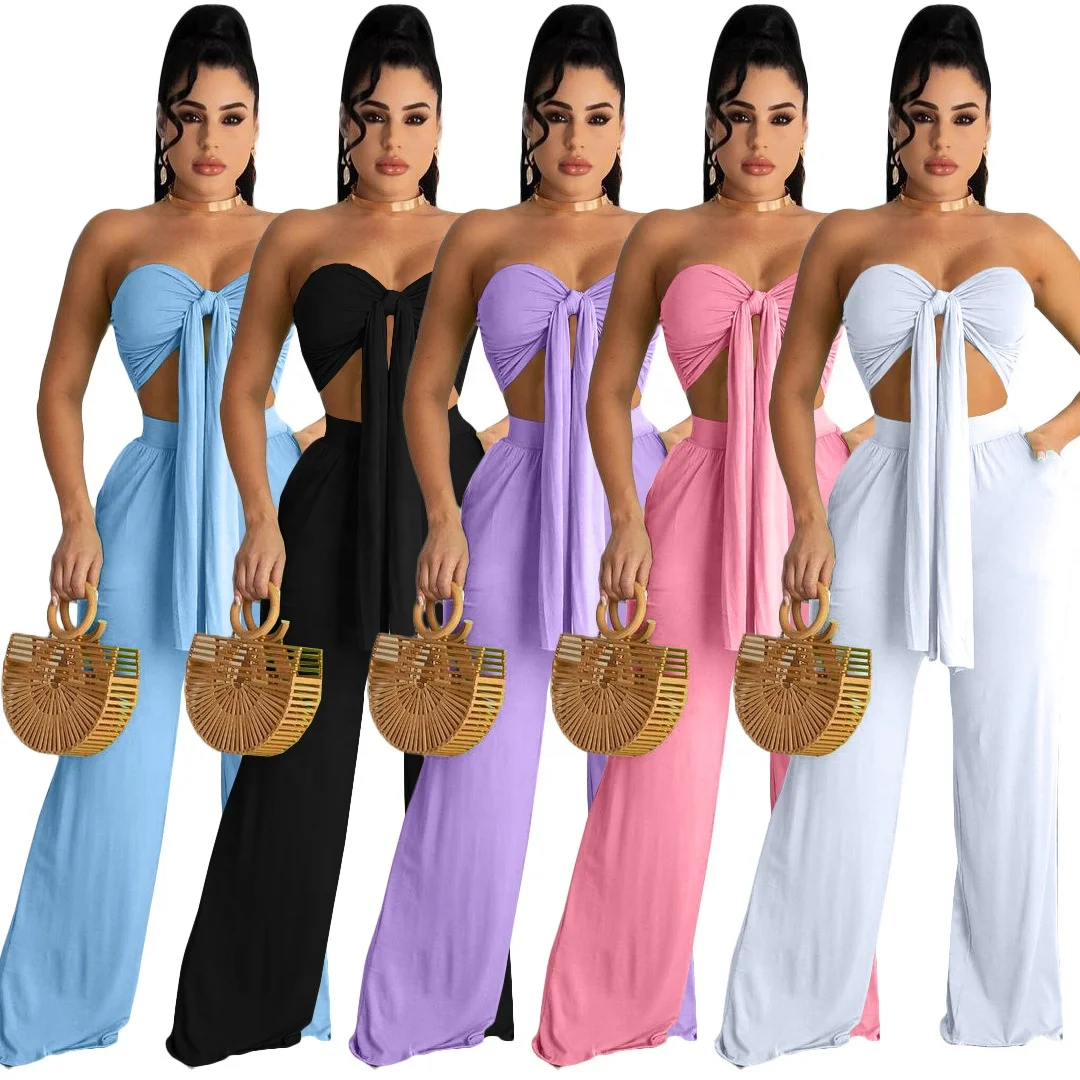 

2021 new arrival summer ladies sexy two piece sets solid color outfit tube top sets sleeveless women sets two piece, 5 colors