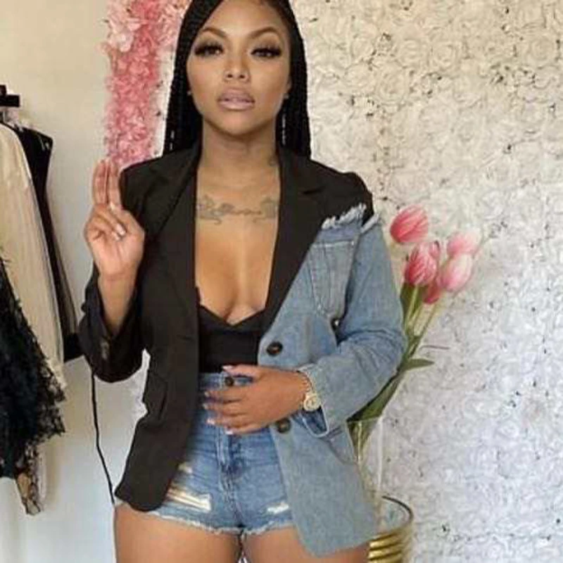 

Women Long Sleeve Loose Blazer Jackets Fashion Single Button Patchwork Black And Denim Blazer, Black blue