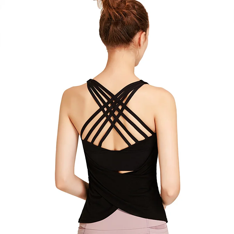 

New Faked Two-Piece Women Breathable Fitness Yoga Top Sleeveless Cross Back Loose Sport Vest, Customized colors