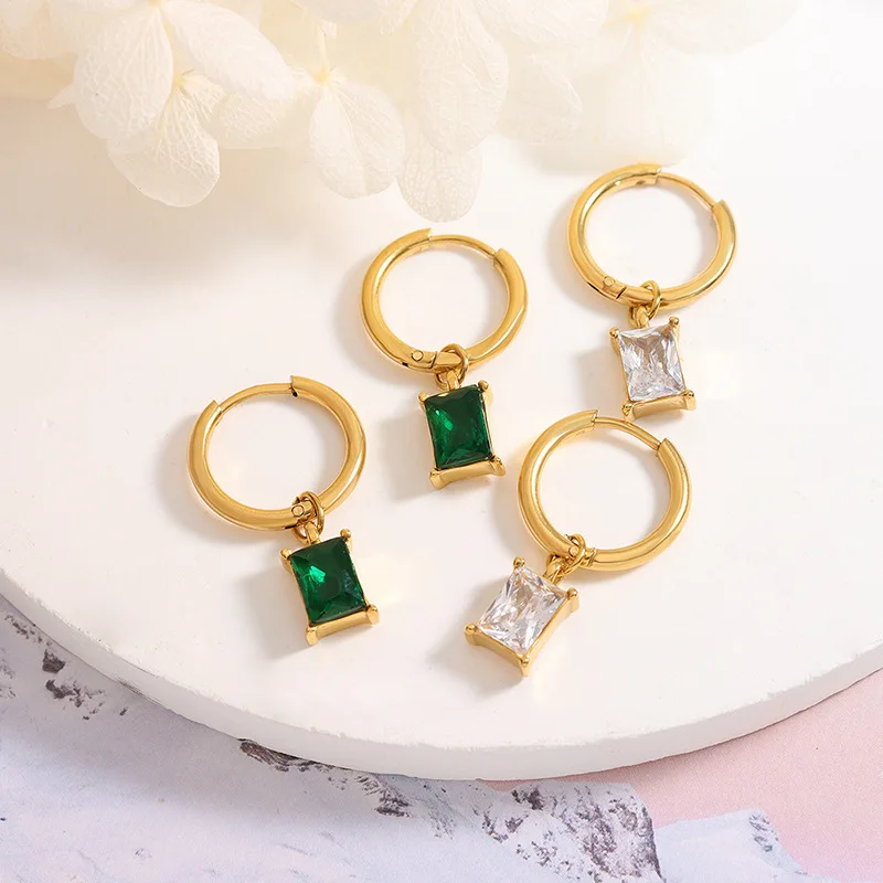

Hot Sale Minimalist Stainless Steel 18k Gold Plated Square Zircon Diamond Emerald Charm Huggie Earrings For Women