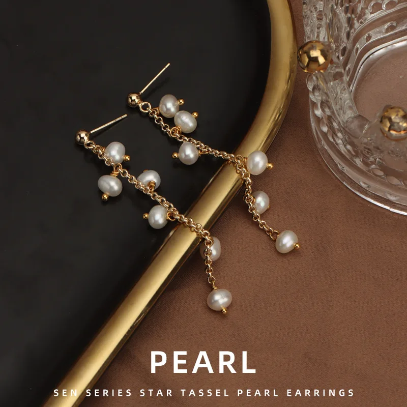 

Original design tassel freshwater pearl earrings dangle gold plated freshwater pearls earrings women wholesale stainle