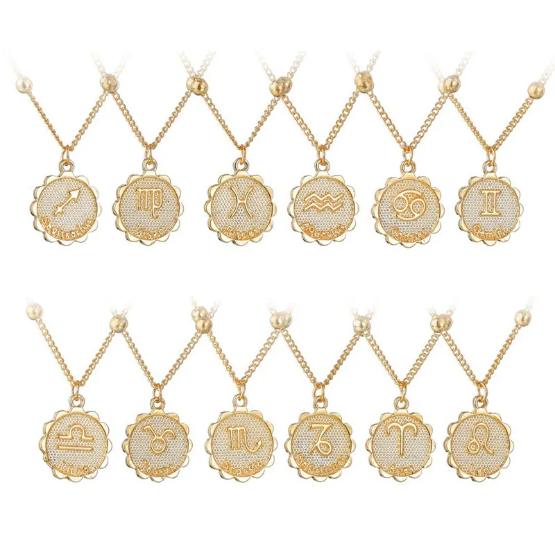 

Clavicle Chain Engraved Coin 12 constell necklace gold star sign pendant horoscopes astrology jewelry