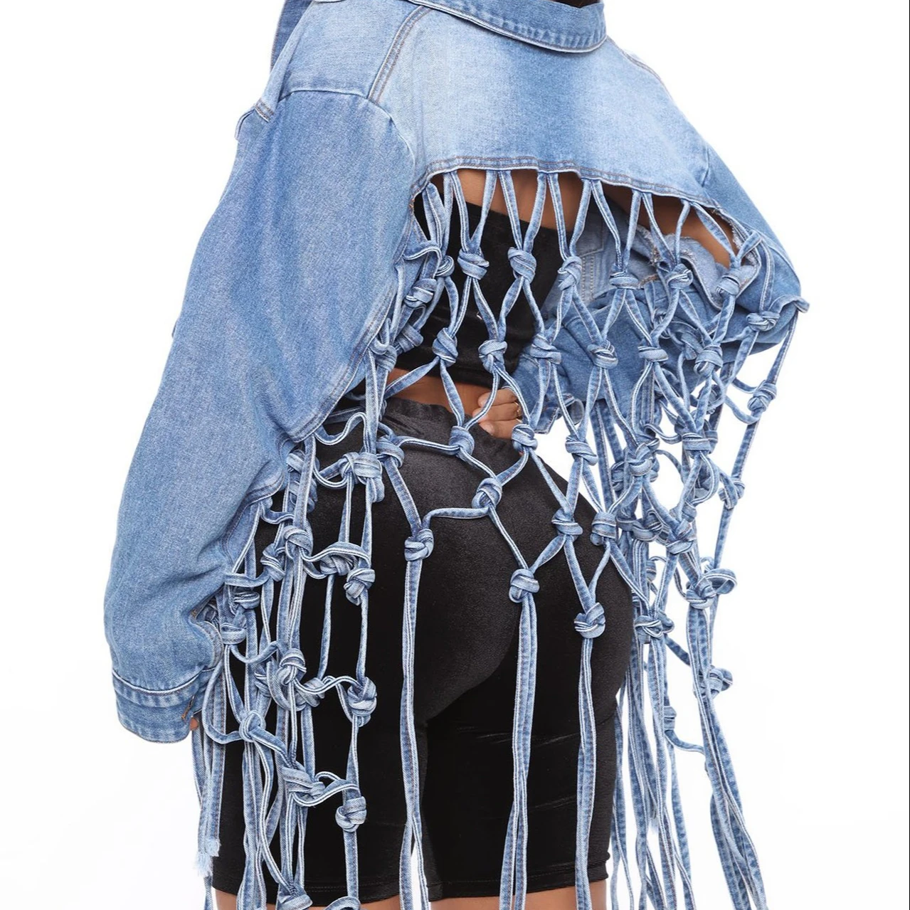 

958 New model 2021 custom tassel denim woman jacket and coat fashion girls' jackets grid backless fall plus size women clothing
