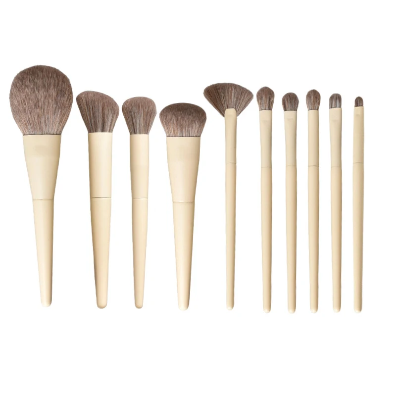 

2022 New Arrive 10pcs Beige Make Up Brush Soft Dense Synthetic Wool Hair Wood Handle Makeup Brushes Set with Bag