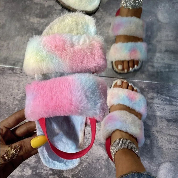 

Newest Hot Sales Women Winter Fur Foot Wears Shoes Two Straps with Elastic Woman's Elegant Sandal Shoes Leopard Tie Dye, Le