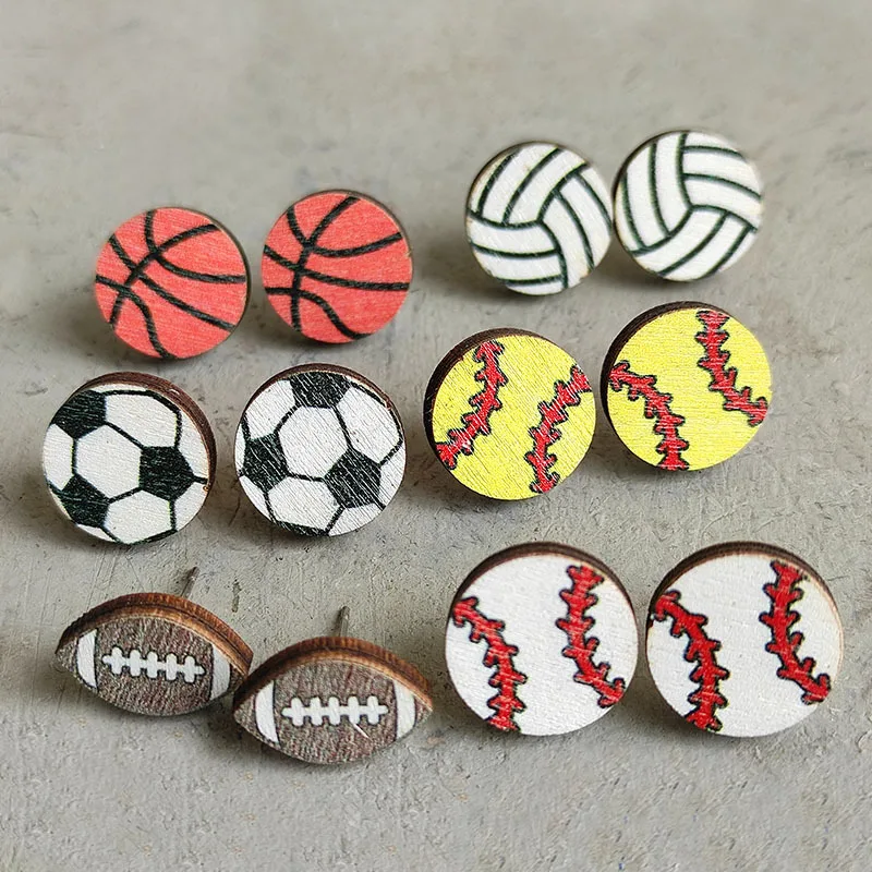 

Small Sports Round Heart Earrings Rugby Baseball Football Softball Volleyball Basketball Wooden Stud Earrings