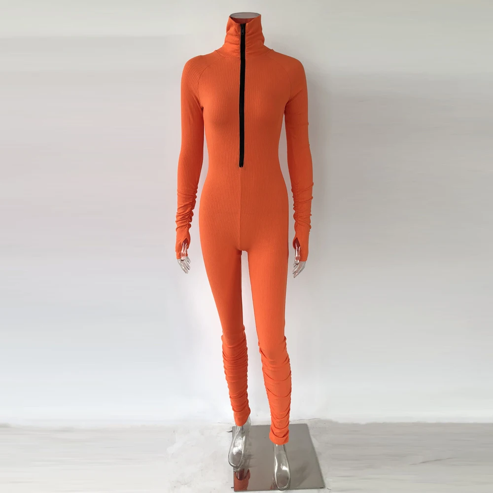 
8358 Autumn Winter Tight Long Sleeve Pants Deep O- Neck Half Zipper Sexy Rompers Womens Jumpsuit stacked leg jumpsuit 