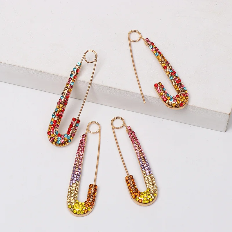 

AER19101 2020 Hot sell Fashion New Design Multi Color Rhinestone Diamond Gold Safety Pin Statement Earring For Women Girls