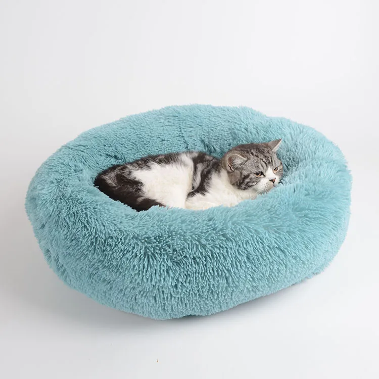 

Comfortable Soft Playable Round Fluffy Fleecy Wool Faux Fur Plush Donut Pet Dog Cat Bed For Sleeping Rest, As below picture