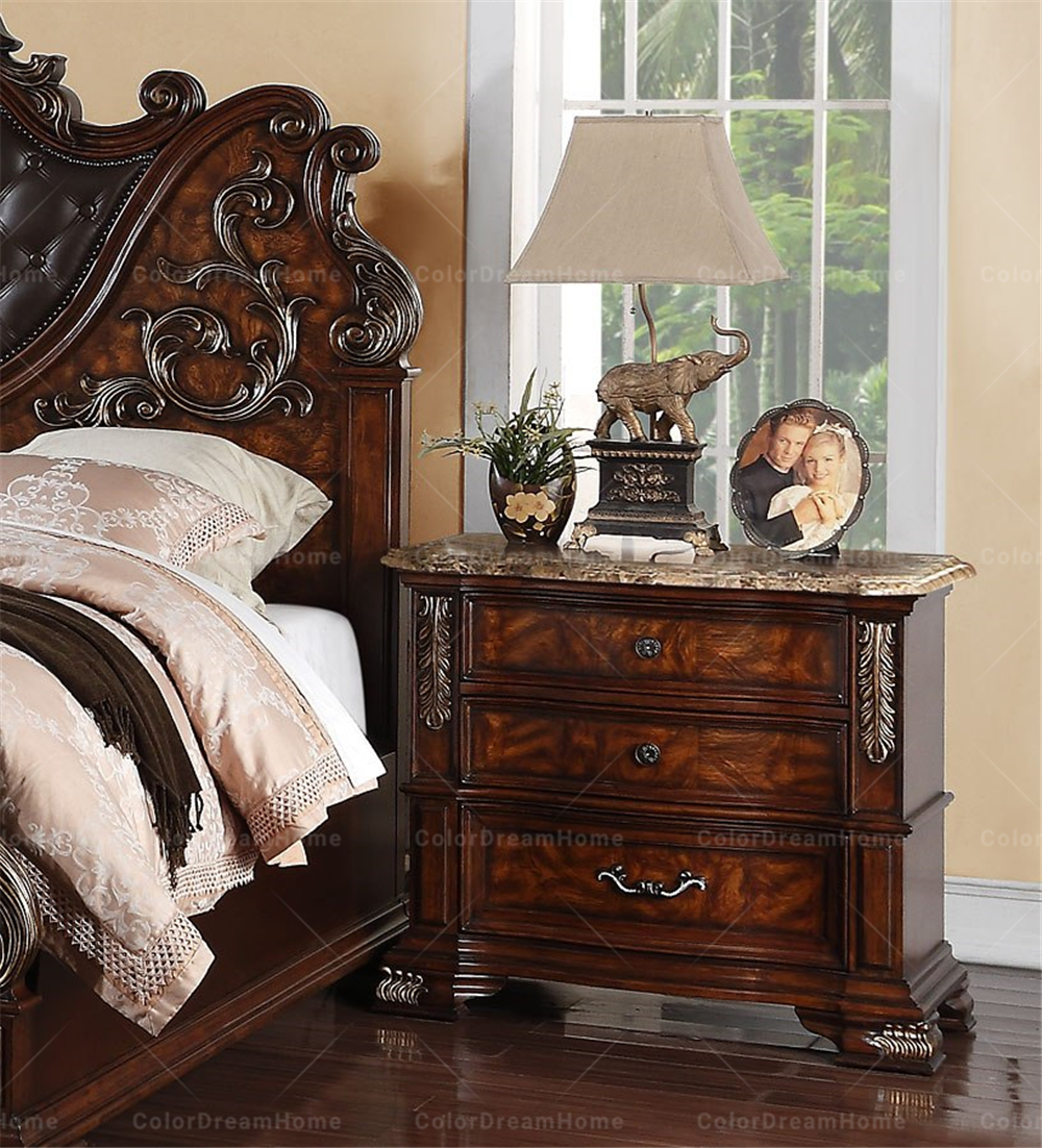 American Style Marble Top Bedside Table 3 Drawer Nightstand Bedroom
