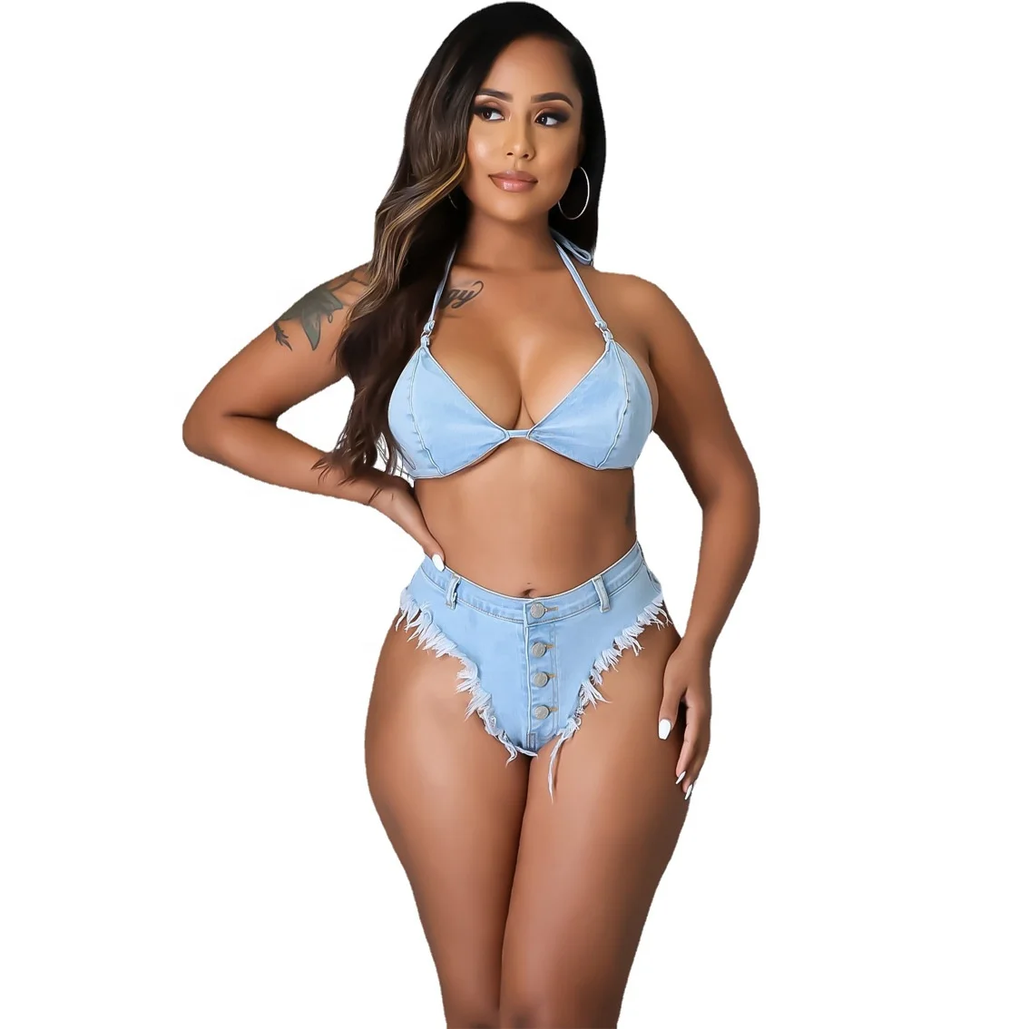 

LAISI FACTORY Summer lace tassels high waist sexy bikini denim women's swimsuit