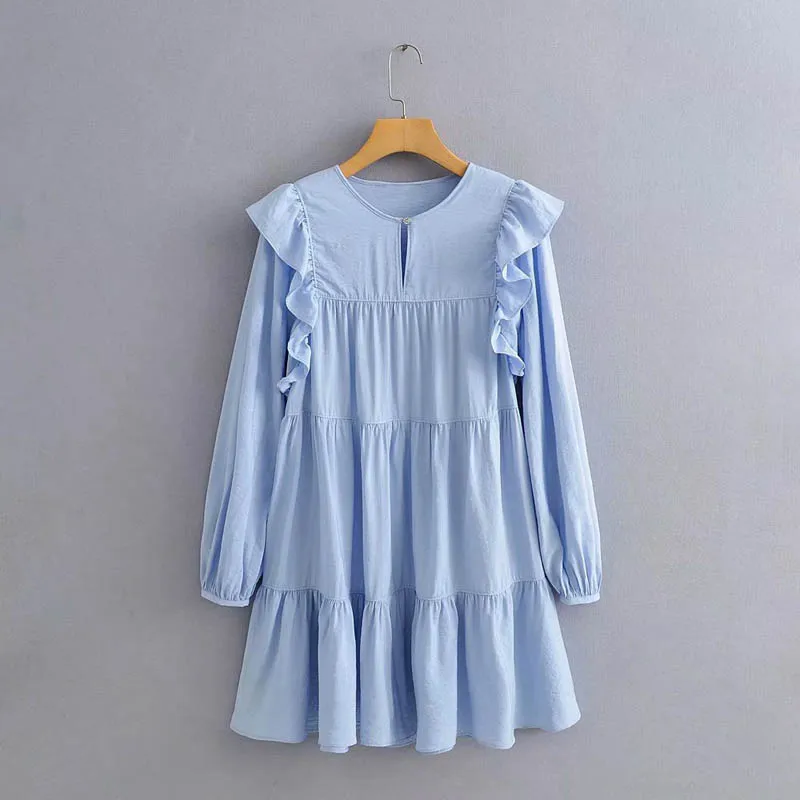 

Q9116 New 2020 Design Blue Color Long Sleeve Button Decorate Ruffles Mini Dress Young Lady Casual Dresses Women Clothing
