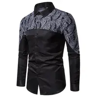 

Long Sleeve Men Casual Shirts Elegant Patchwork Design Black Color Printed Dress Shirt Smooth Texture Slim Fit Social Shirt