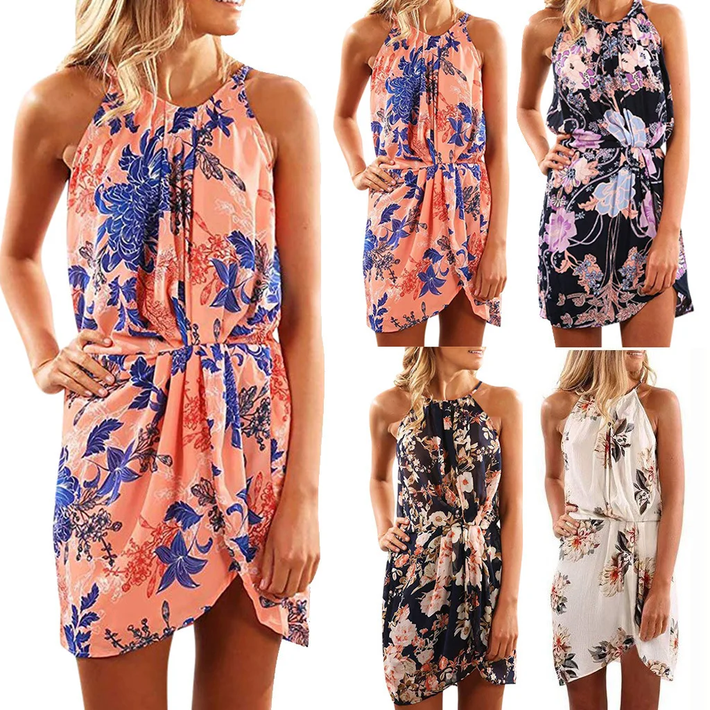 

Print sleeveless sexy beach dress with neck hanging