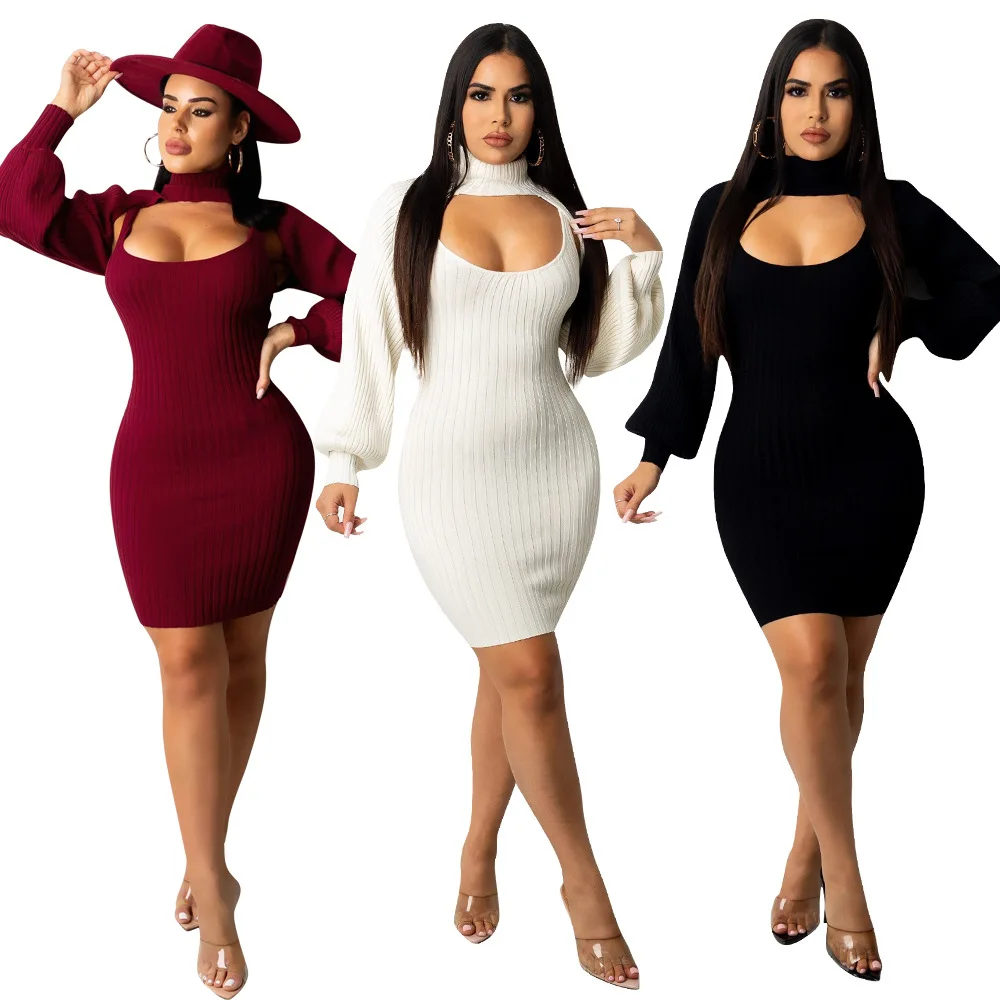 

Women Fall Winter Casual Trendy Solid Bodycon Turtleneck Sweater Knitted Ribbed Knit Tank Top Dress 2 Piece Set Woman Dresses, Wine red,white,black