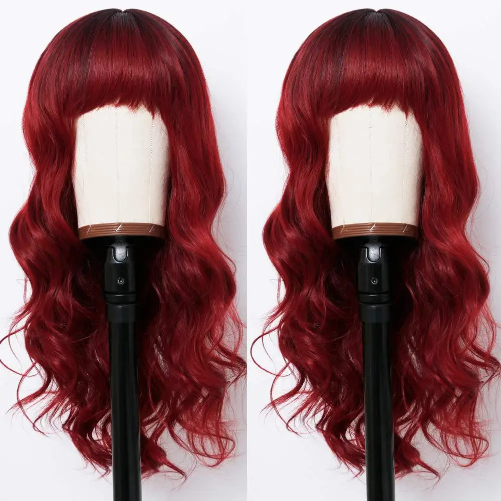 

Dropshipping Hot Sale Woman Long Curly Hair Wigs Blunt Bangs Synthetic Hair Head Cover Wine Red Long Air Bangs Hairpiece