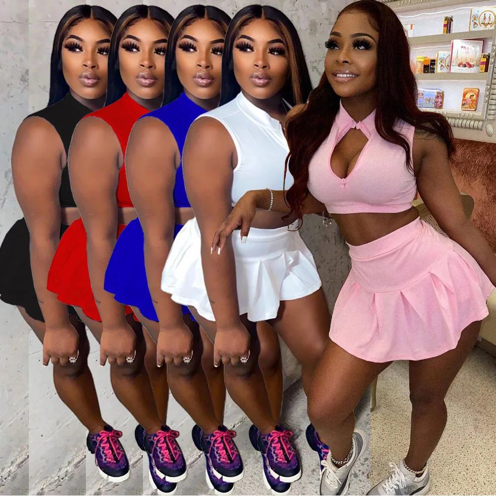

2022 New Summer Hollow Out Zipper Tank Crop Top And Ruffle Skirts Outfit Fashion Sportswear Set Women Tennis 2 Piece Skirt Suits