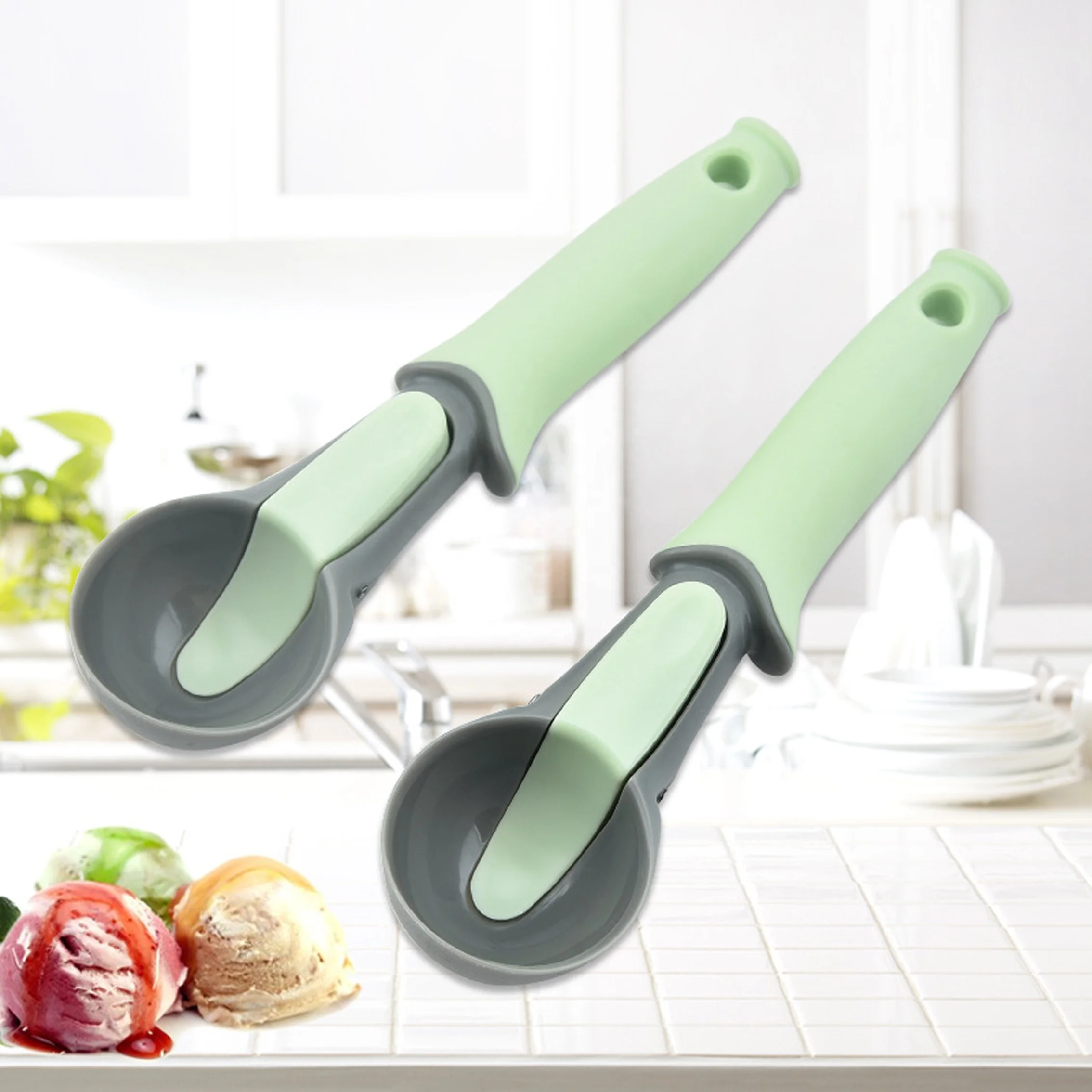 

Hot selling Fruit plastic cookie scoop Watermelon Ball shape Maker Ice Cream Spoon with handle, Green,black