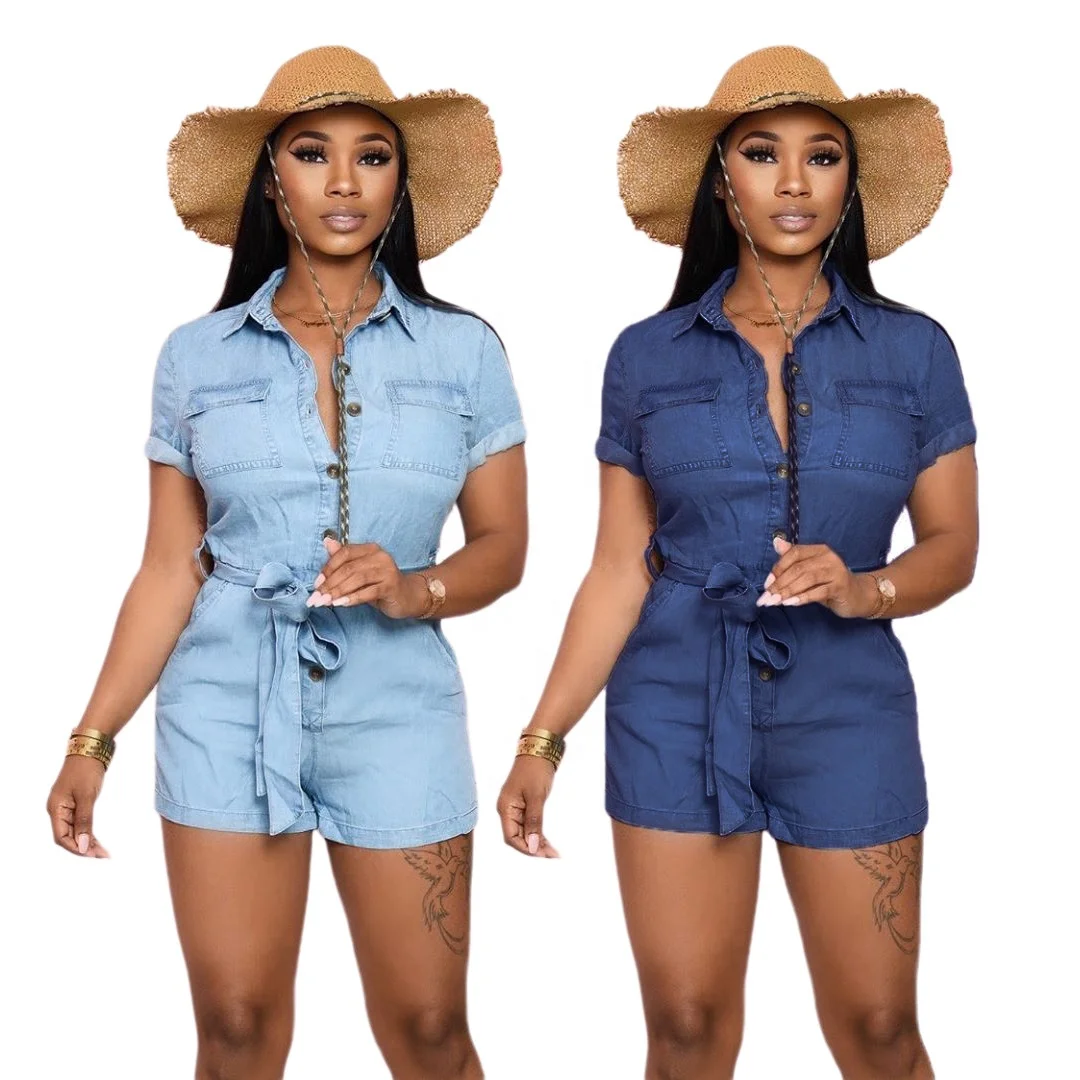 

LW-SMR9715 Good quality fashion slimming blue women denim jean short one piece jumpsuit, As picture or customized make