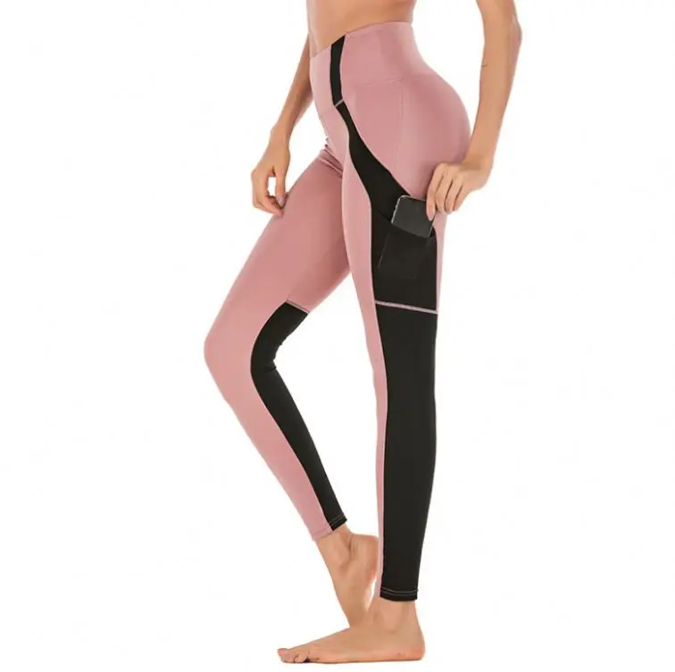 

New high waist contrast color side pocket women fitness leggings, Pink, grey