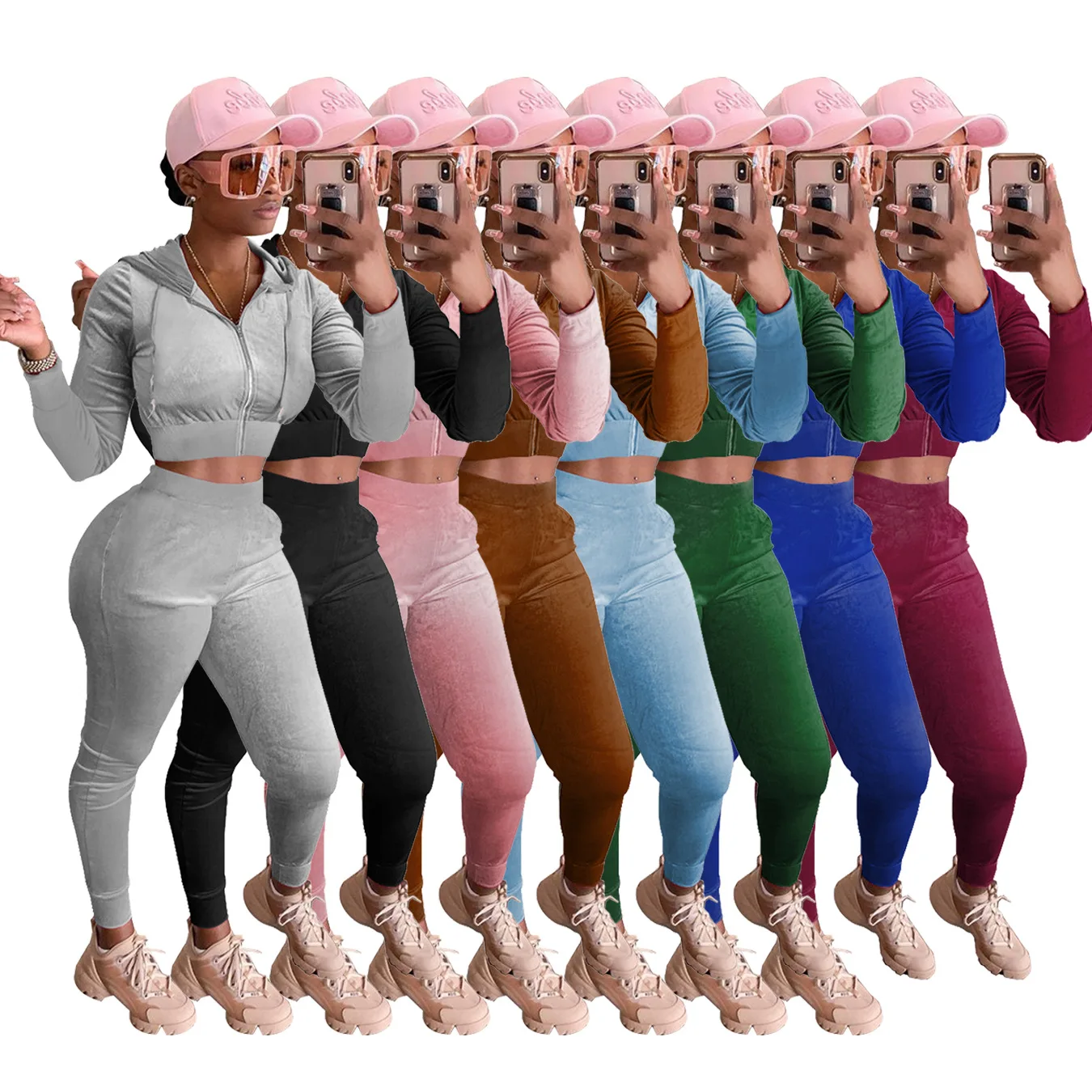 

Women's Korean velvet hooded coat slim trousers two-piece women's retro suit sport suit sexy playsuit women casual wear, As picture