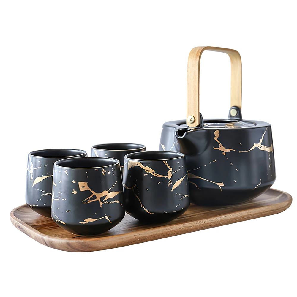 

Marble ceramic tea pot set with infuser black and white color 4pcs tea cup coffee cup, White, black