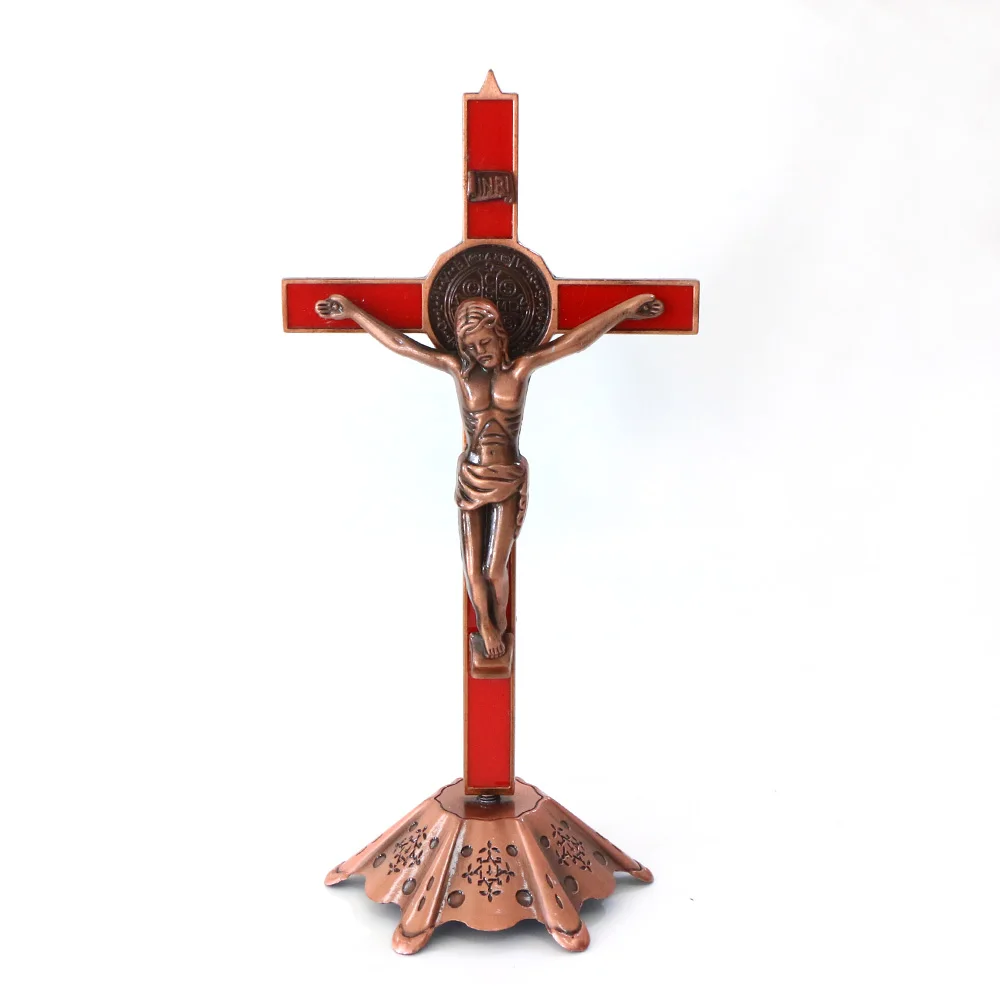 红色耶稣基督十字架设置宗教天主教装饰金属教堂桌面装饰十字架