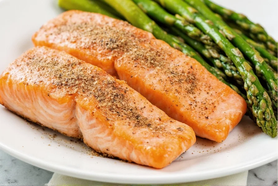 Lawry's Lemon Pepper seasoning sprinkled over grilled salmon and asparagus on white ceramic plate