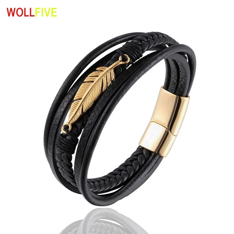 

Leather bracelet men braided magnetic buckle bracelet, Black,,silver,gold