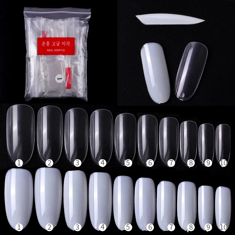 

500pcs/bag Full Cover Long Oval False Nail Art Tips Artificial Fingernails Natural Transparent Acrylic Round Nail Tips