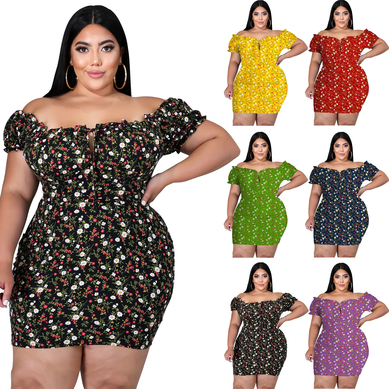 

20911-SW96 Factory Clearance Plus Size Cute Floral Print Off Shoulder Mini Skirt Women, 3 colors