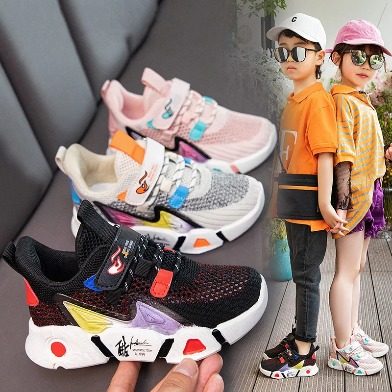 

New Single Shoes For Primary Secondary School Students Girls Spring Summer Sports Net Breathable Solid Soft Bottom Flying Wove