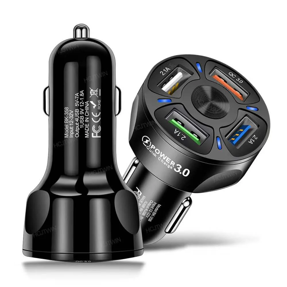 

car cigarette lighter 7A 48W Quick Charging QC 3.0 Mini Led 4 Usb car charger, White black