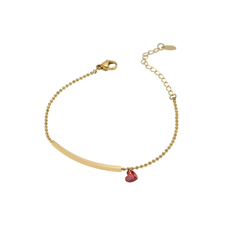 Waterproof Minimalist Jewelry 18K Gold Plated Stainless Steel Beads Chain Red Cubic Zircon Bracelet for Women
